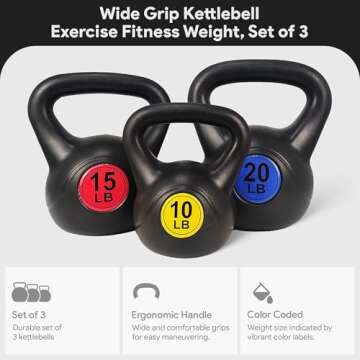 Signature Fitness Wide Grip Kettlebell Exercise Fitness Weight Set, Includes 10 lbs, 15 lbs, 20 lbs