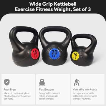 Signature Fitness Wide Grip Kettlebell Exercise Fitness Weight Set, Includes 10 lbs, 15 lbs, 20 lbs