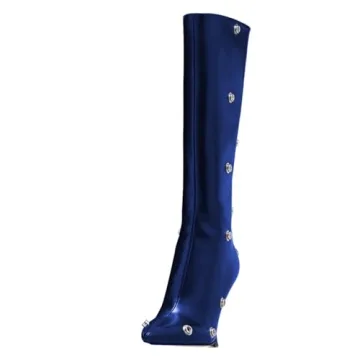 FSJ Women's Blue Stiletto Knee High Boots with Snap Buttons
