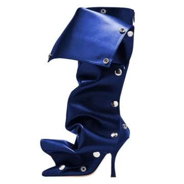 FSJ Women's Blue Stiletto Knee High Boots with Snap Buttons
