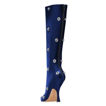 FSJ Women's Blue Stiletto Knee High Boots with Snap Buttons