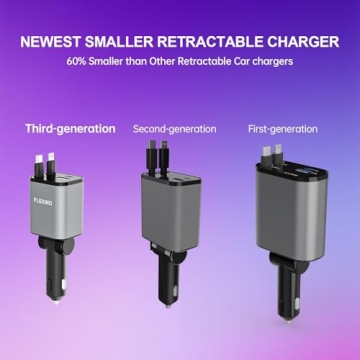Flexino Retractable Car Charger, iPhone16 Car Charger, USB C Car Charger, 69W Fast Charge Car Charger, Smaller Size Car Charger with Retractable Cords, Fit for iPhone 16/15/14/13/12, Samsung, Grey