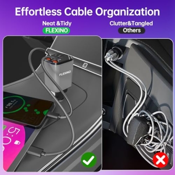 Flexino Retractable Car Charger, iPhone16 Car Charger, USB C Car Charger, 69W Fast Charge Car Charger, Smaller Size Car Charger with Retractable Cords, Fit for iPhone 16/15/14/13/12, Samsung, Grey
