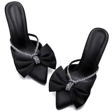 Coutgo Women's Bow Heels Mules - Rhinestone Satin Backless Sandals