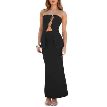 Wenrine Two Piece Sets for Women Summer Bodycon Sexy Outfit Cutout Tube Tops Knit Maxi Skirt Sets Clubwear Dresses Black