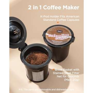 Famiworths Mini Coffee Maker Single Serve, Instant One Cup for K Cup & Ground Coffee, 6 to 12 Oz Brew Sizes, Capsule Coffee Machine with Water Window and Descaling Reminder, White