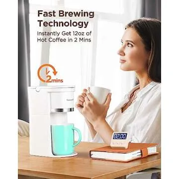 Famiworths Mini Coffee Maker Single Serve, Instant One Cup for K Cup & Ground Coffee, 6 to 12 Oz Brew Sizes, Capsule Coffee Machine with Water Window and Descaling Reminder, White