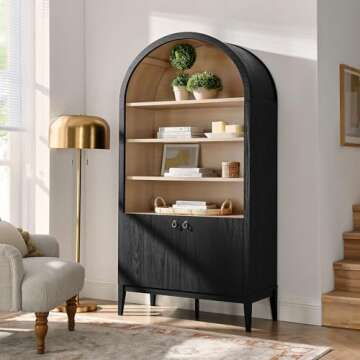 Modway Nolan Tall Arched Storage Display Cabinet in Black - 74 Inch Arch Bookshelf with Open and Clo...