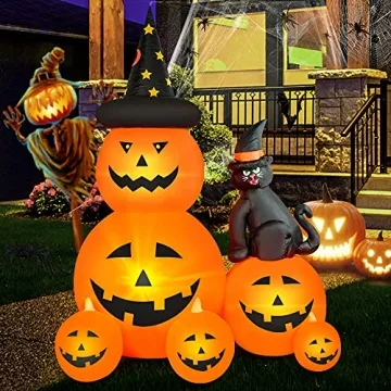 HOPOCO 6 FT Halloween Inflatable Decorations Spooky Ghost Pumpkin Lighted and Witch's Cat, Halloween...