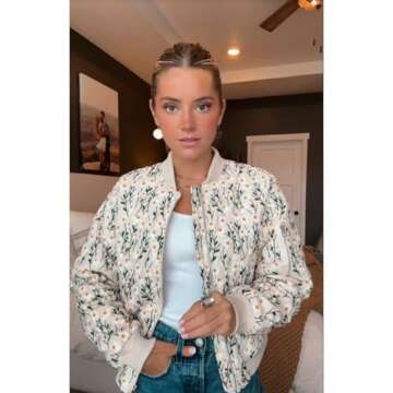 Shiyifa Women's Embroidered Daisy Cropped Bomber Jacket Long Sleeve Zipper Down Cotton Padded Coat Outerwear