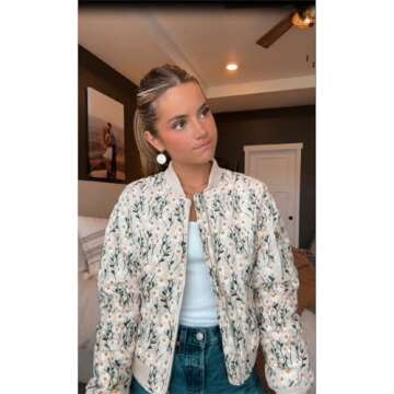 Shiyifa Women's Embroidered Daisy Cropped Bomber Jacket Long Sleeve Zipper Down Cotton Padded Coat Outerwear