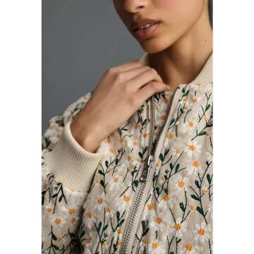 Shiyifa Women's Embroidered Daisy Cropped Bomber Jacket Long Sleeve Zipper Down Cotton Padded Coat Outerwear