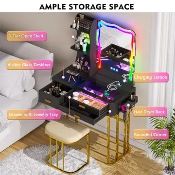 RGB Makeup Vanity Desk with Wireless Charging Station