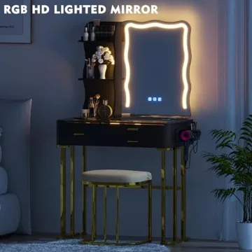 RGB Makeup Vanity Desk with Wireless Charging Station