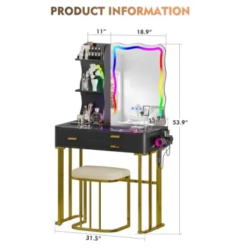 RGB Makeup Vanity Desk with Wireless Charging Station