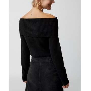 Women Casual Solid Sweater Top Long Sleeve Off Shoulder Ribbed Knit Cropped Shirt Fairy Grunge Fall ...