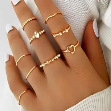 GRAEEN Gold Stackable Knuckle Rings Adjustable Cute Finger Ring Hollow Love Ring Sets for Women (Pack of 9) (Style 1)