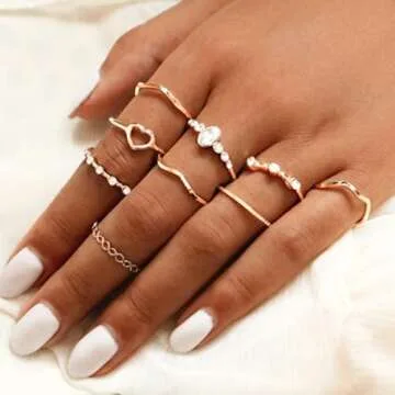 GRAEEN Gold Stackable Knuckle Rings Adjustable Cute Finger Ring Hollow Love Ring Sets for Women (Pack of 9) (Style 1)
