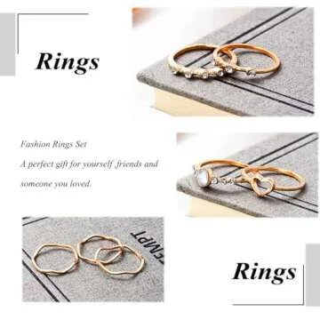 GRAEEN Gold Stackable Knuckle Rings Adjustable Cute Finger Ring Hollow Love Ring Sets for Women (Pack of 9) (Style 1)