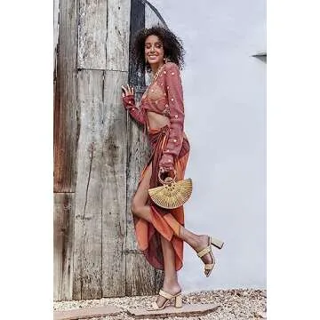 Syktkmx Womens Braided Heels Sandals Chunky Block Heel Double Strap Summer Dressy Sandal, Apricot, Size 8