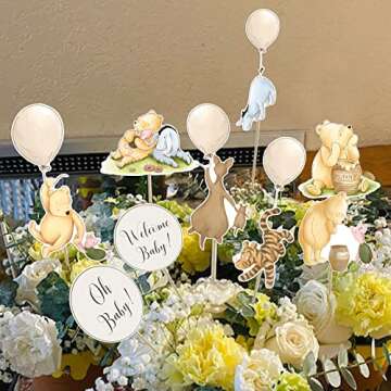 18 Pcs Classic Winnie Centerpieces for Baby Shower Decorations Winnie Table Toppers On Sticks Cutouts For Winnie Party Birthday Decorations Favors Supplies