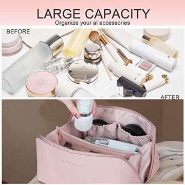 YOMOSPACE Large Capacity Travel Cosmetic Bag, Makeup Organizer Bag, Multifunctional Storage Makeup Bag Waterproof PU Leather Travel Toiletry Bag for Women (Pink)