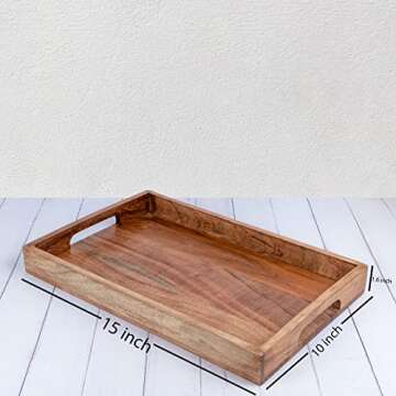 Samhita Acacia Wood Serving Tray with Handles,Wooden Tray, Snack Tray, Breakfast Tray, Great for, Breakfast, Coffee Tables, Homes, Restaurant|Size- 15" x 10" x 1.6"