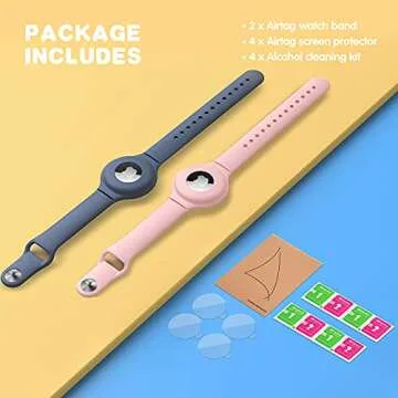 VEGO for AirTag Bracelets for Kids, 2 Pack Silicone Watch Bands + 4 Pack Anti-Scratch Films for Children, Apple AirTag Holder for Kids (Pink+Blue Gray)