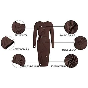 SHIBEVER Long Sleeve Bodycon Fall Dresses Women 2024 Wedding Guest Cocktail Maxi Dress Midi Casual Wrap Dress Dark Khaki S