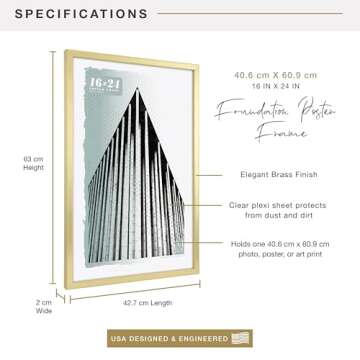 MCS Foundation 16x24 Poster Frame Traditional Brass, Vertical & Horizontal Wall Hanging Large Picture Frame for Photos, Posters & Art Prints (1-Pack)