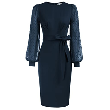 Women's Wear to Work Dresses Mesh Long Sleeve Midi Office Professional Business Dress Navy L