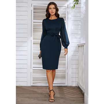 Women's Professional Midi Dress with Mesh Long Sleeves