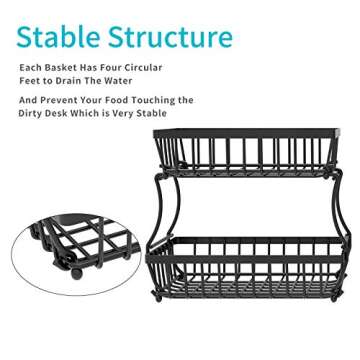 Apsan 2 Tier Fruit Basket, Countertop Fruit Vegetable Basket Bowl for Kitchen Counter, Detachable Metal Wire Storage Basket Fruits Stand Holder Organizer for Bread Snack Veggies Produce,Black