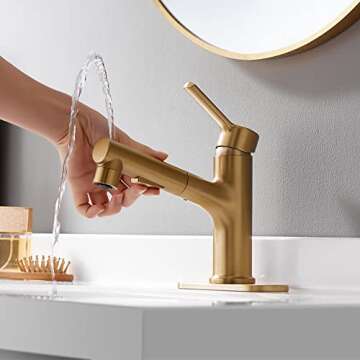 Brushed Gold Bathroom Sink Faucet with Pull Out Sprayer Single Handle Modern Bathroom Basin Faucet S...