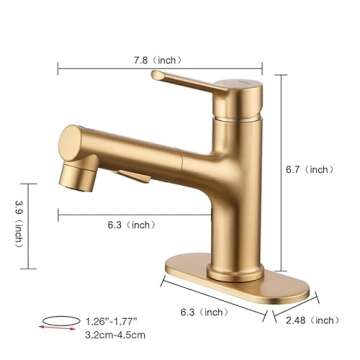 Brushed Gold Bathroom Sink Faucet with Pull Out Sprayer Single Handle Modern Bathroom Basin Faucet Solid Brass Faucet for with Bathroom Sink Deck Plate 1 Hole with Cover Plat