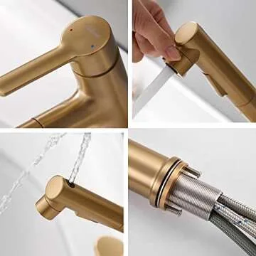 Brushed Gold Bathroom Sink Faucet with Pull Out Sprayer Single Handle Modern Bathroom Basin Faucet Solid Brass Faucet for with Bathroom Sink Deck Plate 1 Hole with Cover Plat