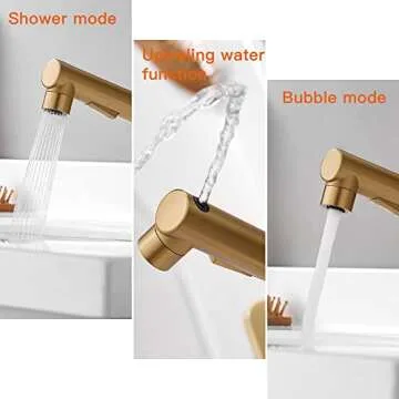 Brushed Gold Bathroom Sink Faucet with Pull Out Sprayer Single Handle Modern Bathroom Basin Faucet Solid Brass Faucet for with Bathroom Sink Deck Plate 1 Hole with Cover Plat