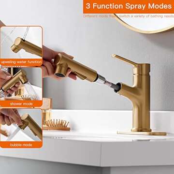Brushed Gold Bathroom Sink Faucet with Pull Out Sprayer Single Handle Modern Bathroom Basin Faucet Solid Brass Faucet for with Bathroom Sink Deck Plate 1 Hole with Cover Plat
