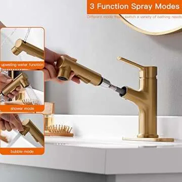 Brushed Gold Bathroom Sink Faucet with Pull Out Sprayer Single Handle Modern Bathroom Basin Faucet Solid Brass Faucet for with Bathroom Sink Deck Plate 1 Hole with Cover Plat