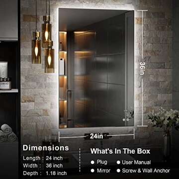 TETOTE 24 x 36 Inch LED Mirror Backlit Bathroom,Anti-Fog Mirror with Light,Dimmable,CRI90+,IP54 Water Proof,Wall Mounted Vanity Lighted Mirror,Horizontal/Vertical