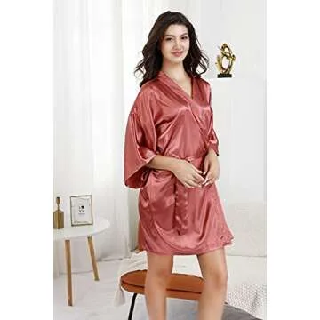 EPLAZA Women's One Size Silver Rhinestones Bride Bridesmaid Short Satin Robes for Wedding Party Getting Ready (Brick, Matron of Honor)