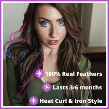 Hair Feathers Extensions Kit, Long Real Rooster Feathers for Hair, DIY Microlink Beads and Loop Tool...