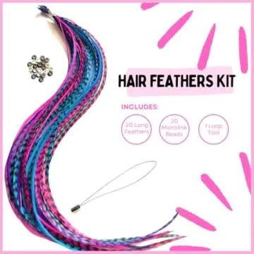 Hair Feathers Extensions Kit, Long Real Rooster Feathers for Hair, DIY Microlink Beads and Loop Tool, Hot Pink, Purple and Turquoise Blue