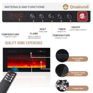 oneinmil Fireplace TV Stand with 36" Electric Fireplace, LED Light Entertainment Center, Modern Wood Texture Entertainment Stand with Highlight Storage Cabinet for TVs Up to 80", 70 inches, Black