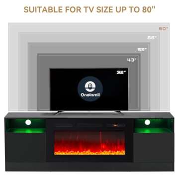 oneinmil Fireplace TV Stand with 36" Electric Fireplace, LED Light Entertainment Center, Modern Wood Texture Entertainment Stand with Highlight Storage Cabinet for TVs Up to 80", 70 inches, Black