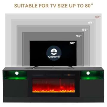 oneinmil Fireplace TV Stand with 36" Electric Fireplace, LED Light Entertainment Center, Modern Wood Texture Entertainment Stand with Highlight Storage Cabinet for TVs Up to 80", 70 inches, Black