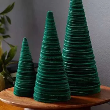 Emerald Velvet Cones Set of 3, Modern Decor, Deep Green, Christmas Entryway, Rustic Winter Home, Min...