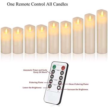 antizer Flameless Candles Set of 9 Ivory Dripless Real Wax Pillars Include Realistic Dancing LED Flames and 10-Key Remote Control with 24-Hour Timer Function 400+ Hours by 2 AA Batteries