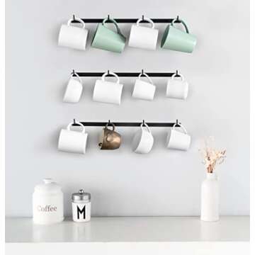 Dahey Mug Holder Metal Coffee Mug Rack Wall Mounted with 12 Mug Hooks, Set of 3, Mug Display Rack Cup Holder Storage for Kitchen Dining Room Coffee Bar, Black