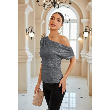 Elegant Ruched Shiny Sequin One Shoulder Top for Women